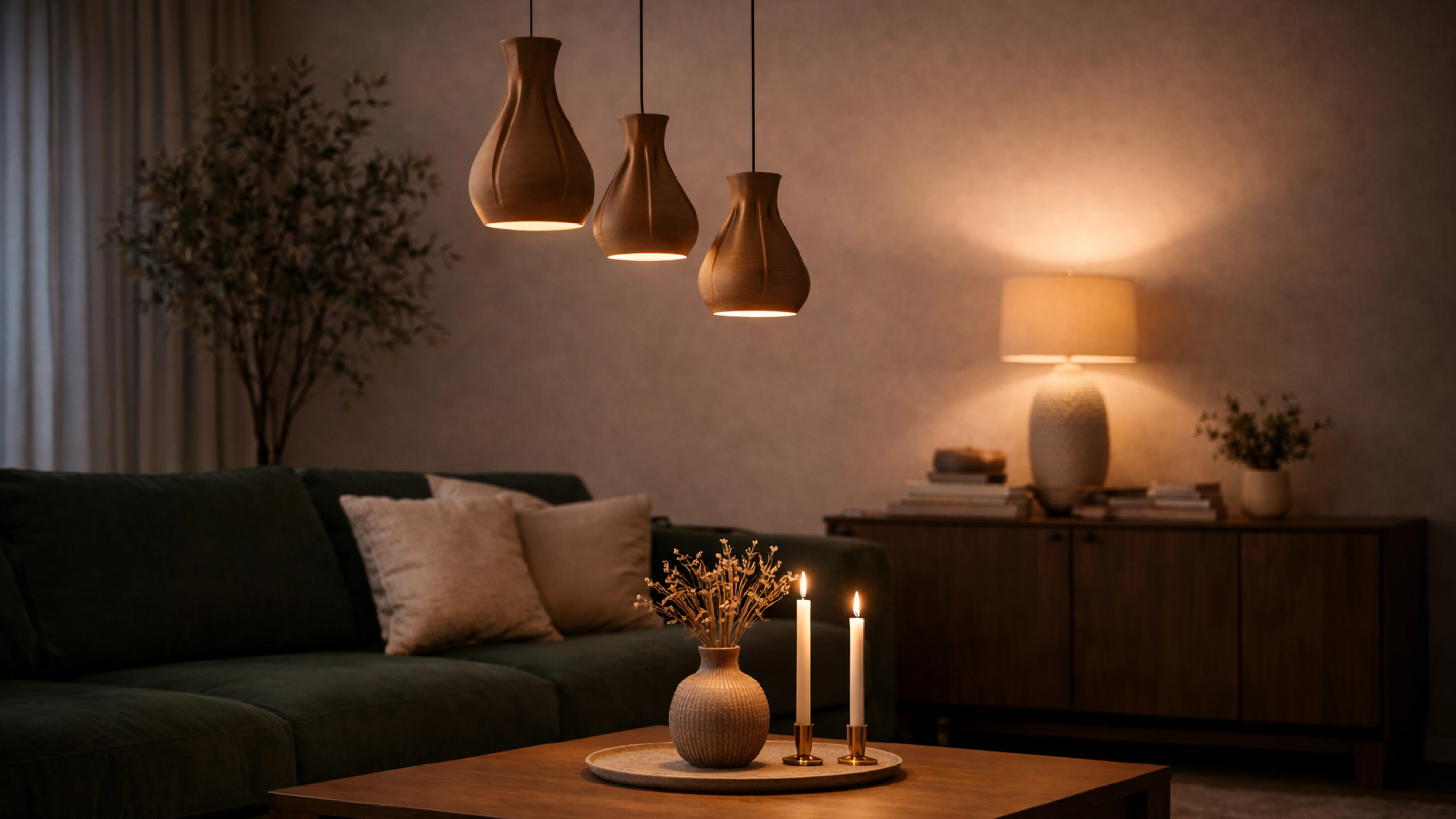 Drei konische Pendelleuchten über dem Sideboard im Wohnzimmer – Leuchten aus eigener Produktion, Conceptlicht