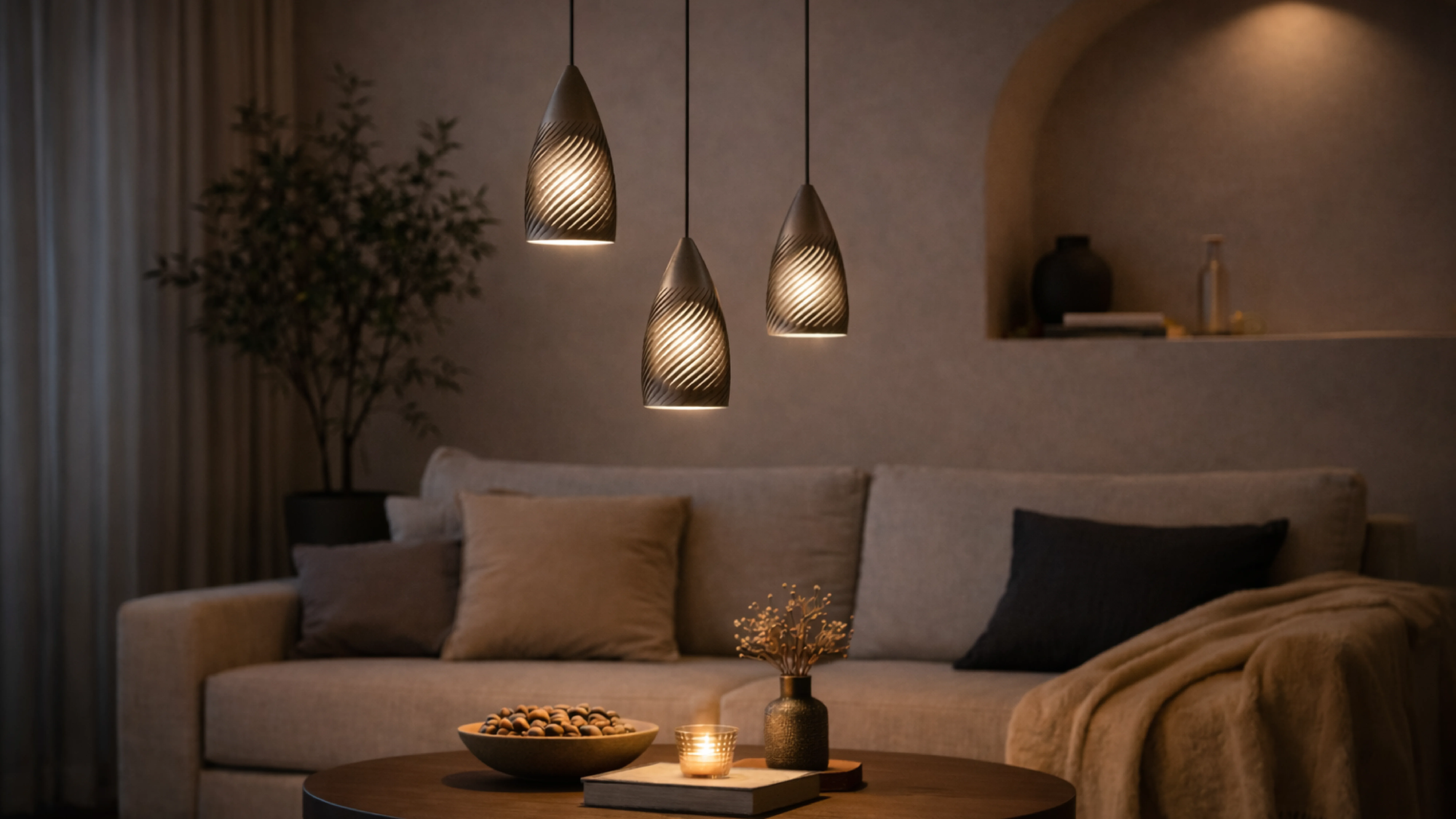 Pendelleuchten-Trio über der Sofaecke – Leuchten aus eigener Produktion, Conceptlicht